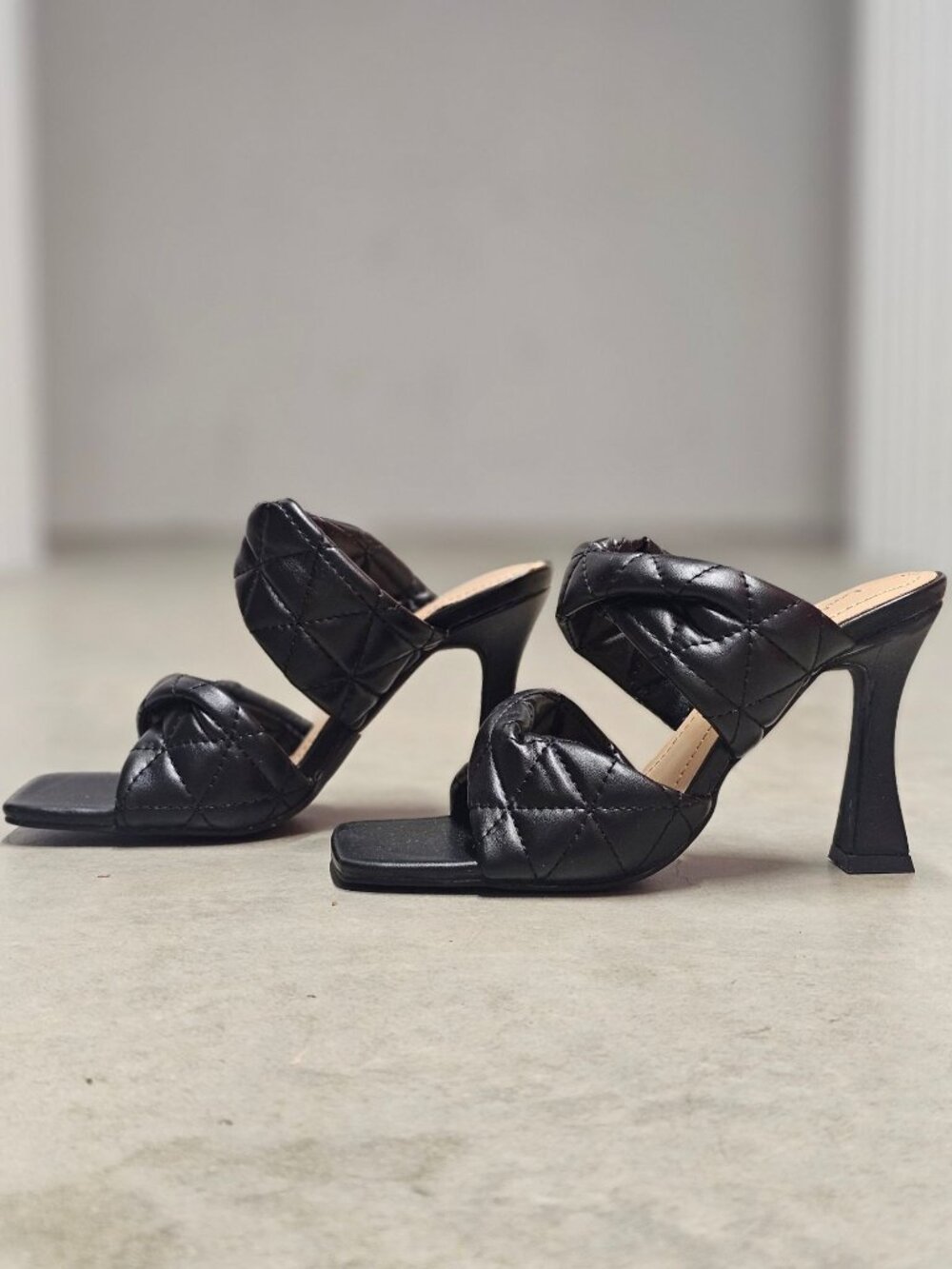 Quilted Black Block Heel Mules With Open Toe & Crossover Straps - LovMarie Women